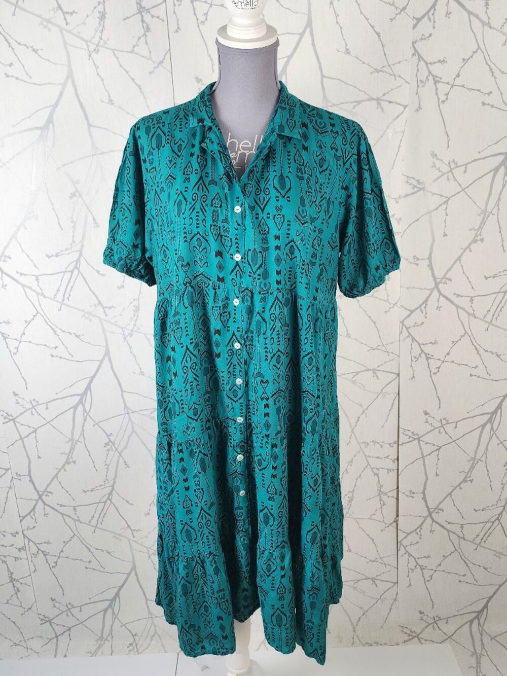 Zudio Green Tribal Art Print Button Front Tiered Shirt Dress